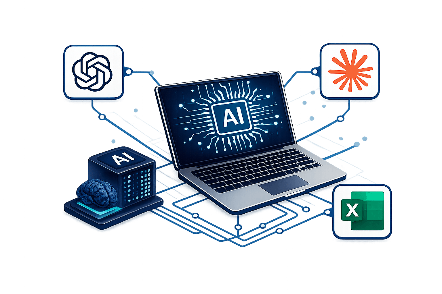 Isometric illustration of a friendly robot emerging from a laptop surrounded by books, headphones, and AI icons